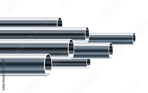 Steel or Aluminum pipes of different diameters isolated on white background. Glossy 3d Steel Tubes design. Industrial Vector illustration.