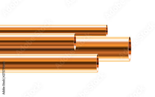 Copper pipes of different diameters isolated on white background. Glossy 3d Bronze Tubes design. Industrial Vector illustration.