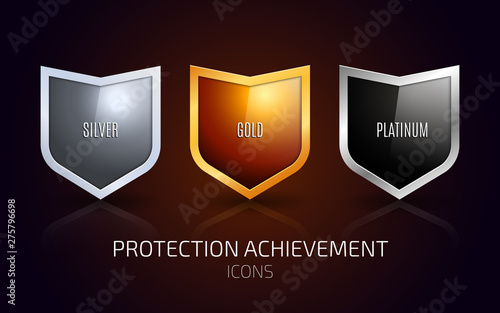 A set of Silver, Gold and Platinum shield. Protection achievement Icons design. Vector illustration