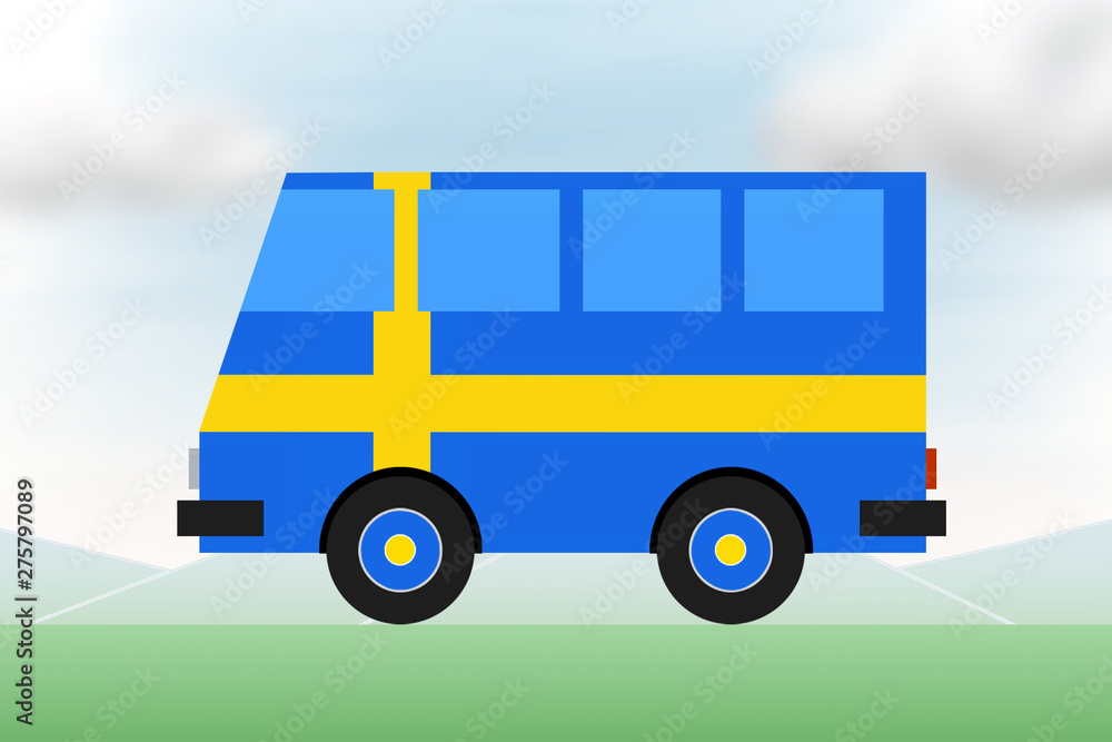 Painted tourist bus colors of the flag of Sweden. Travel, international tourism.
