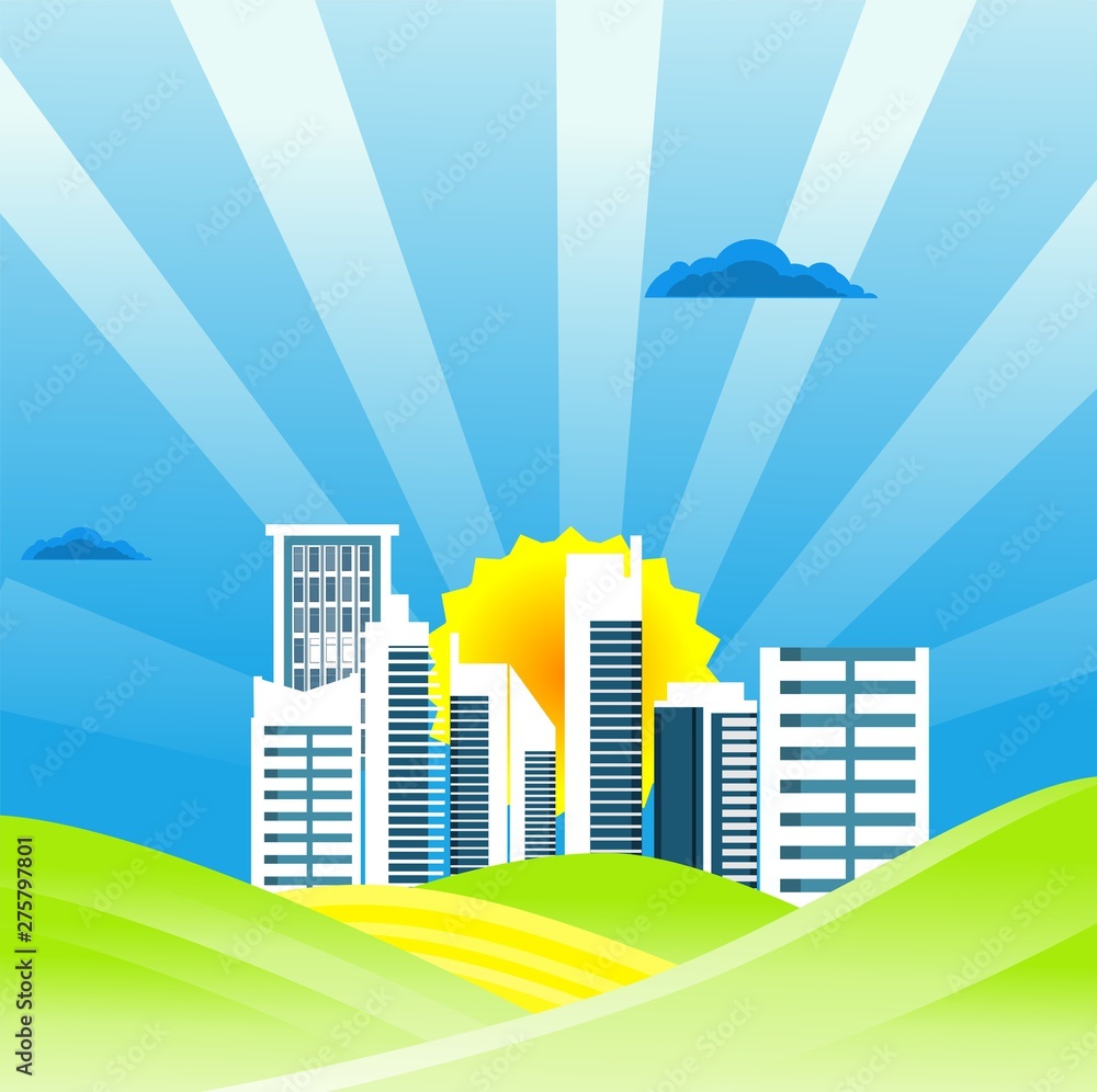 Flat illustration of City buildings in horizon  Countryside view, city and  on summer Landscape vector. Sun and sun rays