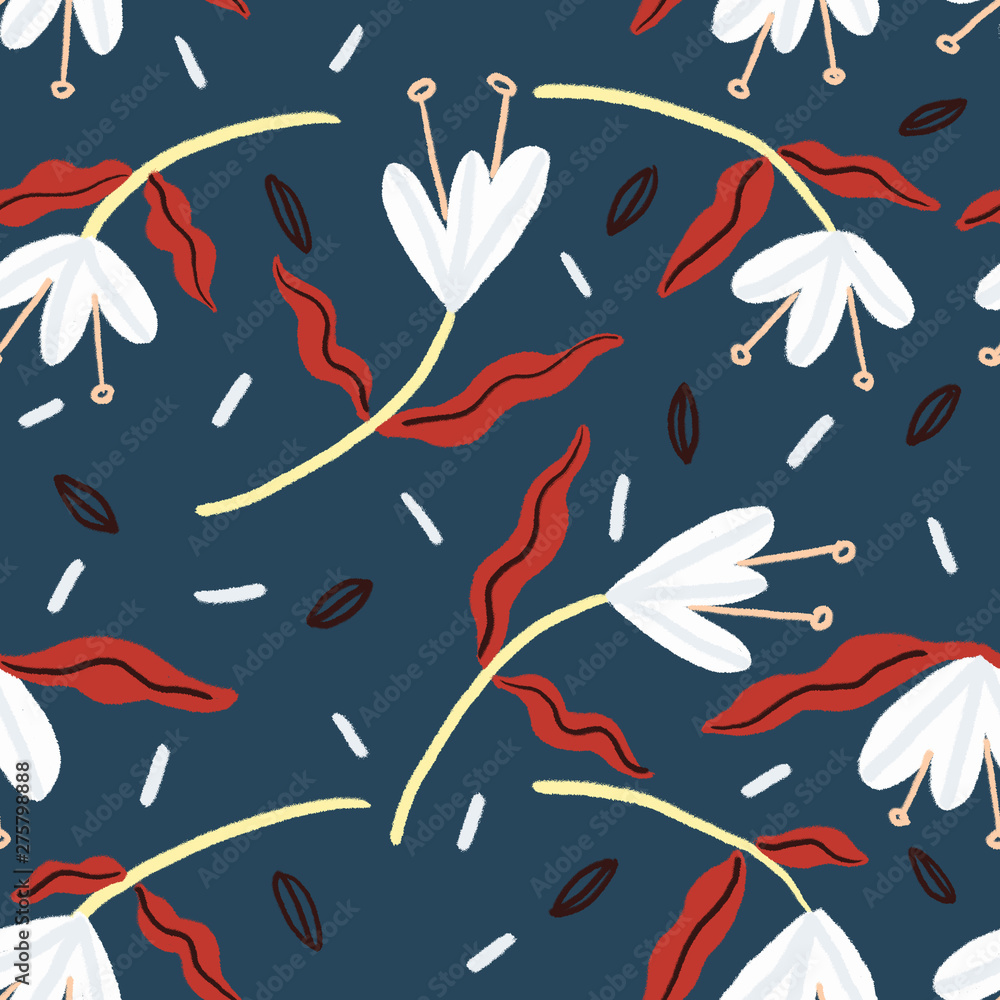 Beautiful Seamless Pattern with White Flowers on Navy Background Beautiful Seamless Pattern with White Flowers on Navy Background