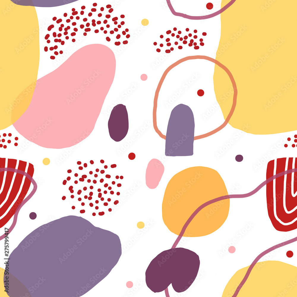 Fototapeta premium Playful seamless pattern with different shapes, lines and dots on white background
