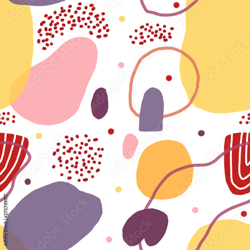 Playful seamless pattern with different shapes, lines and dots on white background
