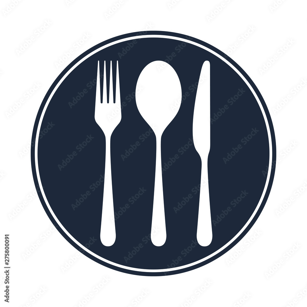 Cutlery icon. Spoon, fork and knife in the circle. Isolated image on white background. Restaurant menu symbol. Vector illustration Cutlery icon. Spoon, fork and knife in the circle. Isolated image on white background. Restaurant menu symbol. Vector illustration