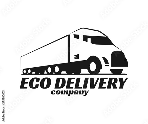 Vector eco truck logo. Emblem, banner, logotype of the logistics center, eco delivery, freight, heavy cargo. Black and white color. Monochrome style.