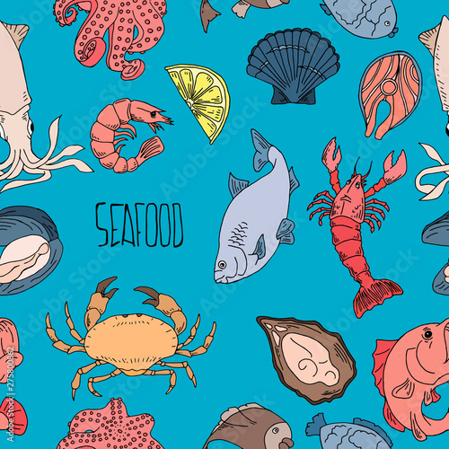Seafood hand drawn seamless pattern. Design element for poster, wrapping paper. seamless background