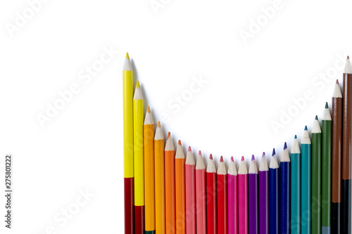 School concept. Closeup images of many color pencils isolated on white background. Flat lay, top view, copy space.