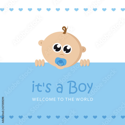 its a boy welcome greeting card for childbirth with baby face vector illustration EPS10