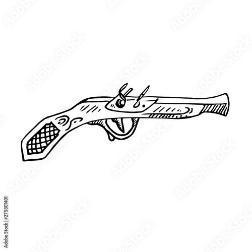 Old style pistol side view, hand drawn doodle, sketch, black and white vector illustration