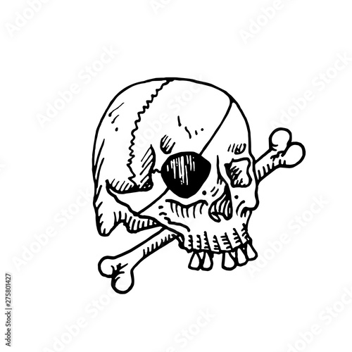 Skull with pirate eyepatch laying on bone, hand drawn doodle, sketch, black and white vector illustration