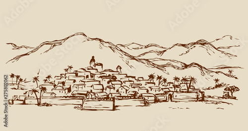 City in a desert. Vector drawing