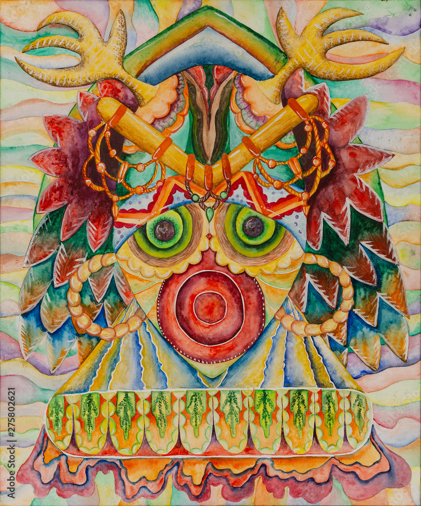 Fototapeta premium Symmetrical abstraction composition. Watercolor drawing. Mask of a fantastic image. Portrait of an alien creature.