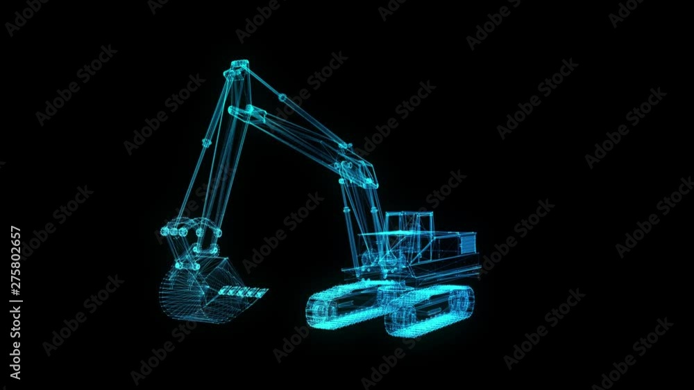 Glowing blue light particles point of Excavator Machine model. Seamless looping motion animation in 3d virtual space. Technology motion concept. Glowing blue light particles point of Excavator Machine model. Seamless looping motion animation in 3d virtual space. Technology motion concept.