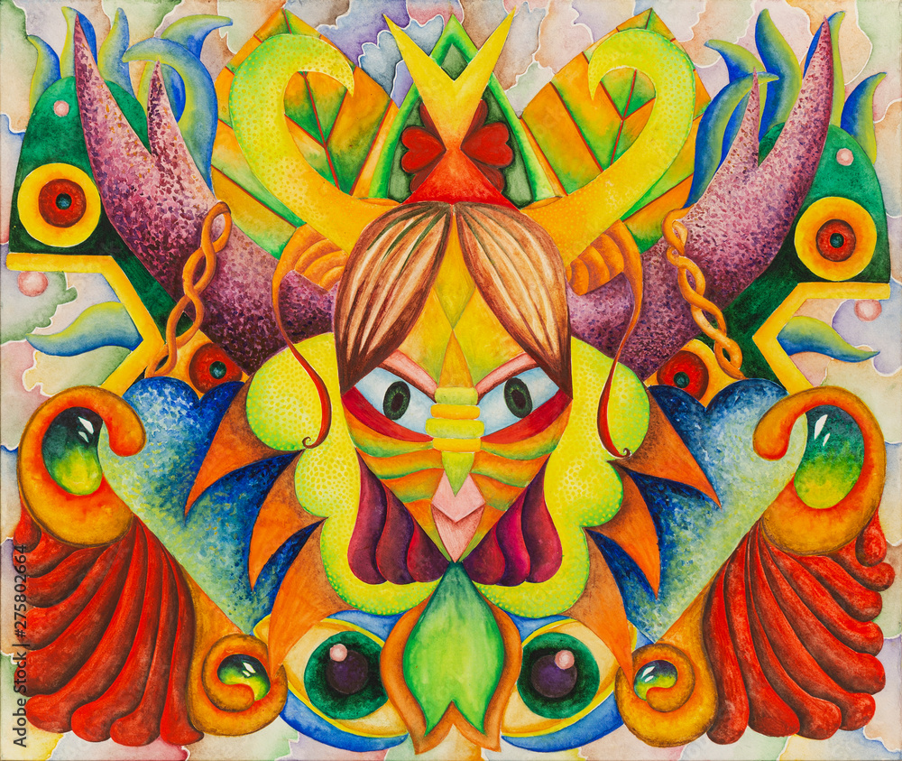 Symmetrical abstraction composition. Watercolor drawing. Mask of a fantastic image. Portrait of an alien creature.