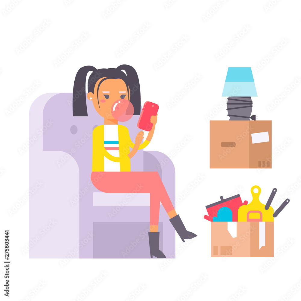 Happy young woman vector flat people moving in new house movement apartment together. Happy young girl moving service. Woman carrying boxes together with family person unpacking box character set Happy young woman vector flat people moving in new house movement apartment together. Happy young girl moving service. Woman carrying boxes together with family person unpacking box character set