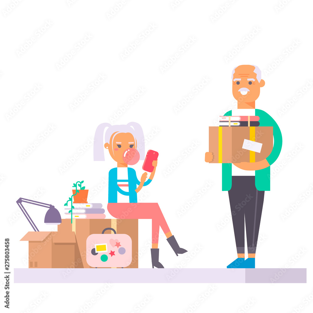 Happy young couple vector flat people moving in new house movement apartment together. Happy young couple moving service. Woman carrying boxes together with family person unpacking box character set Happy young couple vector flat people moving in new house movement apartment together. Happy young couple moving service. Woman carrying boxes together with family person unpacking box character set