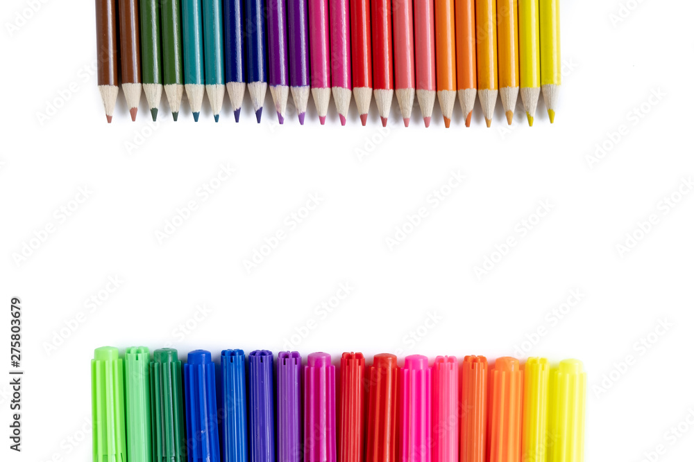 Closeup images of many color pencils isolated on white background. Flat lay, top view, school concept Closeup images of many color pencils isolated on white background. Flat lay, top view, school concept