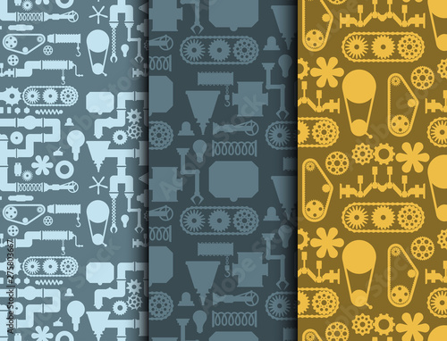 Machine parts mechanism vector mechanical manufacturing work seamless pattern background gear equipment industry technical machining engine illustration.