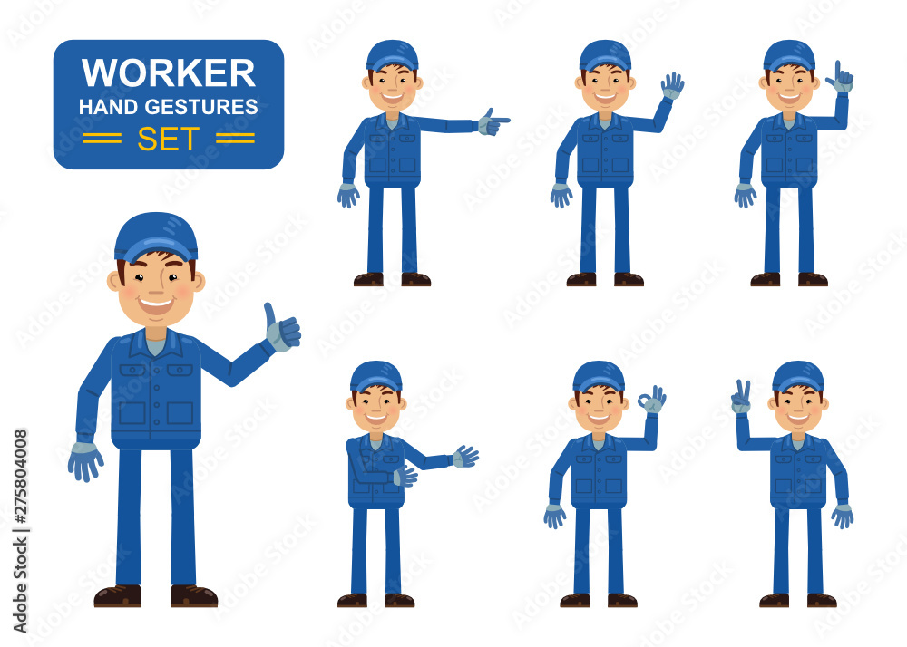 Set of auto mechanic characters showing different hand gestures. Cheerful worker showing thumb up gesture, this way, greeting, waving, pointing up, victory sign. Flat style vector illustration Set of auto mechanic characters showing different hand gestures. Cheerful worker showing thumb up gesture, this way, greeting, waving, pointing up, victory sign. Flat style vector illustration
