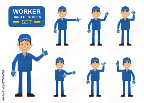 Set of auto mechanic characters showing different hand gestures. Cheerful worker showing thumb up gesture, this way, greeting, waving, pointing up, victory sign. Flat style vector illustration