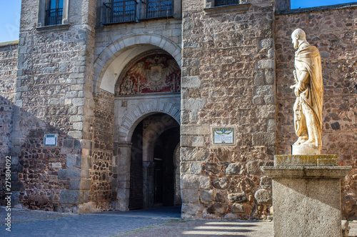 internal view of puerta bisagra with statue at toledo, spain - english translation : bisagra gate
