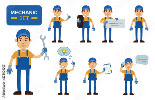 Set of auto mechanic characters posing in different situations. Cheerful worker showing thumb up, pointing, holding banner, phone, document, wrench, tire. Simple style vector illustration