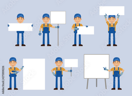 Set of auto mechanic characters posing with different blank banners. Cheerful worker with paper, poster, placard, pointing to whiteboard, teach, advertise, promote. Flat style vector illustration