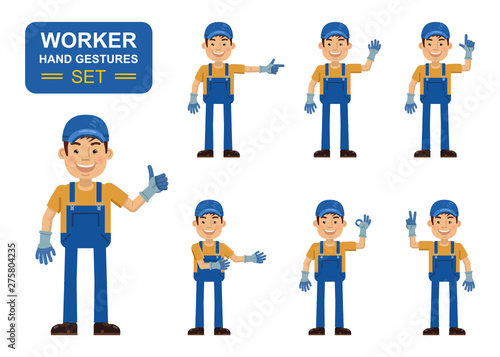 Set of auto mechanic characters showing different hand gestures. Cheerful worker showing thumb up gesture, this way, greeting, waving, pointing up, victory sign. Flat style vector illustration