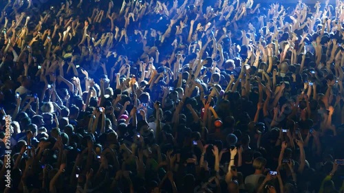 joyful crowd enjoys listening famous group rock concert