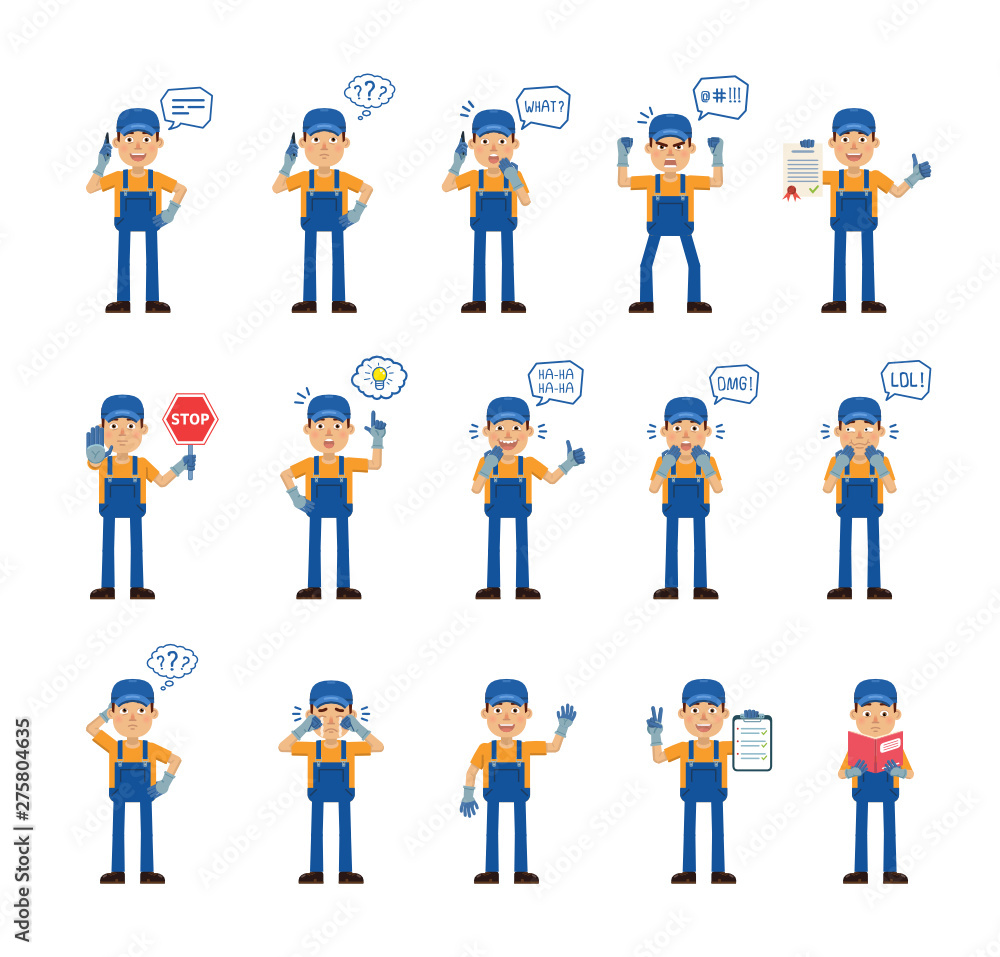 Big set of auto mechanic characters posing in different situations. Cheerful mechanic talking on the phone, holding stop sign, document, clipboard and doing other actions. Flat vector illustration