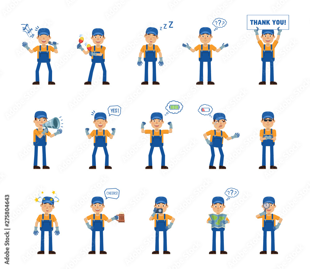 Set of auto mechanic characters posing in different situations. Cheerful mechanic karaoke singing, dancing, sleeping, holding banner, loudspeaker and doing other actions. Simple vector illustration Set of auto mechanic characters posing in different situations. Cheerful mechanic karaoke singing, dancing, sleeping, holding banner, loudspeaker and doing other actions. Simple vector illustration