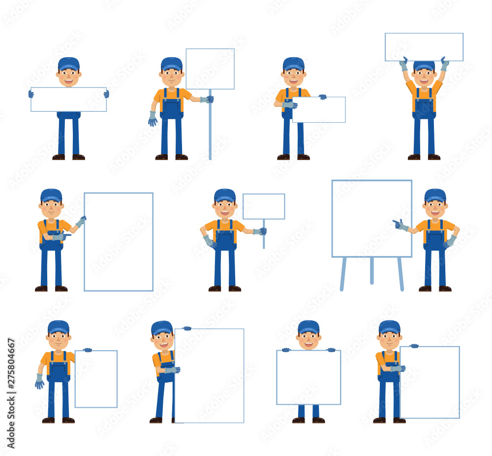 Big set of auto mechanic characters posing with different blank banners. Cheerful mechanic holding paper, poster, placard, pointing to whiteboard. Teach, advertise, promote. Flat vector illustration