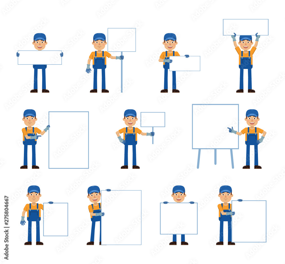 Big set of auto mechanic characters posing with different blank banners. Cheerful mechanic holding paper, poster, placard, pointing to whiteboard. Teach, advertise, promote. Flat vector illustration Big set of auto mechanic characters posing with different blank banners. Cheerful mechanic holding paper, poster, placard, pointing to whiteboard. Teach, advertise, promote. Flat vector illustration