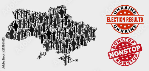 Election Ukraine map and seal stamps. Red round Nonstop textured watermark. Black Ukraine map mosaic of upwards election arms. Vector collage for referendum results, with Nonstop watermark.