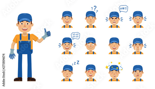 Set of auto mechanic character emoticons. Worker avatars showing different expressions. Happy, sad, smile, laugh, tired, angry, surprised, in love and other emotions. Simple vector illustration