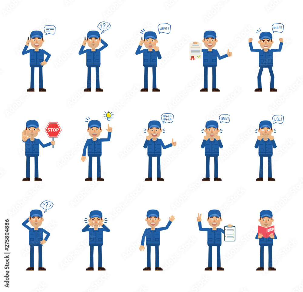 Big set of mechanic characters showing different actions, gestures, emotions. Cheerful worker talking on phone, holding stop sign, reading a book and doing other actions. Simple vector illustration