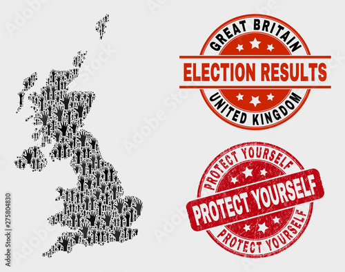 Vote United Kingdom map and stamps. Red round Protect Yourself textured stamp. Black United Kingdom map mosaic of upwards vote hands. Vector composition for ballot results, © Evgeny