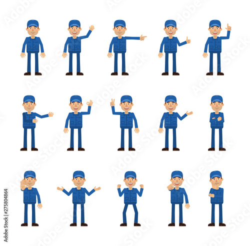 Set of auto mechanic characters showing different hand gestures. Cheerful worker showing thumb up, pointing, greeting, victory, stop sign and other hand gestures. Simple vector illustration