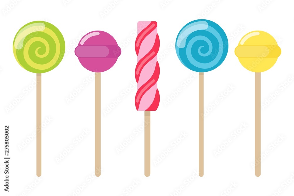 Collection of lollipops with a variety designs. Candy types. Simple vector illustration. Collection of lollipops with a variety designs. Candy types. Simple vector illustration.