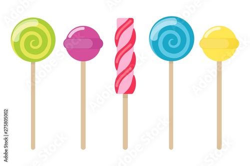 Collection of lollipops with a variety designs. Candy types. Simple vector illustration.