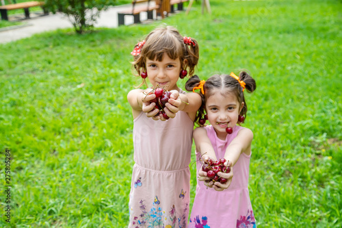 Schilderij op canvas Children eat cherries in the summer. Selective focus.
