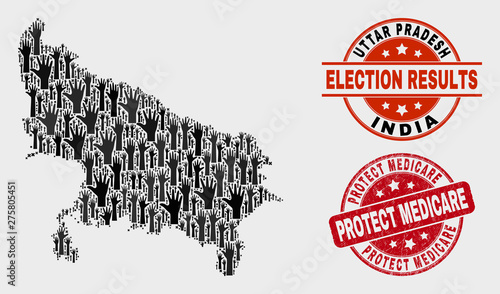 Election Uttar Pradesh State map and watermarks. Red rounded Protect Medicare grunge stamp. Black Uttar Pradesh State map mosaic of upwards help hands. Vector combination for election results,