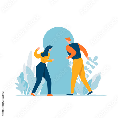 Couple looking into keyhole with curiosity. Problem solving, opportunity, concept. Cartoon characters discovery secret. Man and woman searching sense, freedom, future journey.