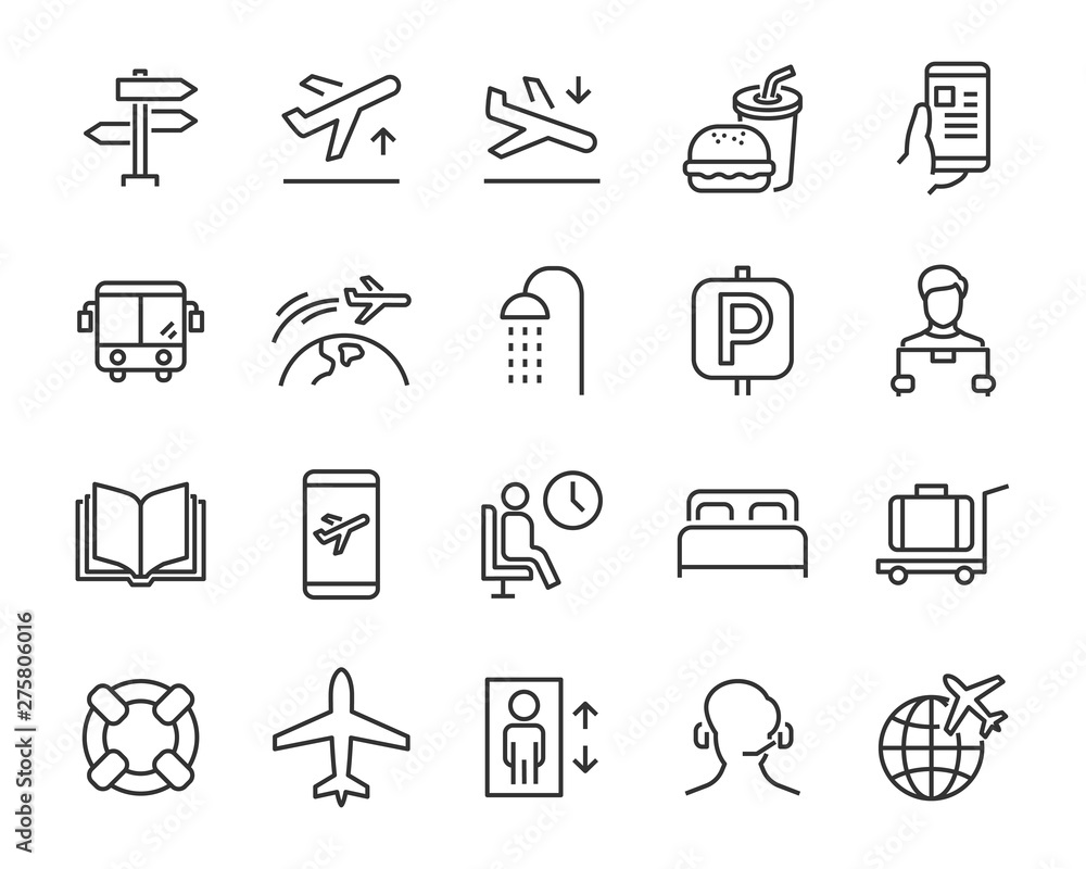 Fototapeta premium set of airport icons, such as airplane, ticket, flight, travel
