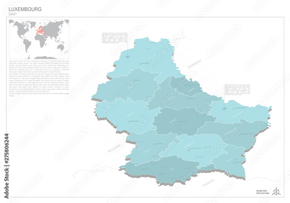 Luxembourg map with borders, administrative divisions, cities and pointer marks. Vector isometric illustration