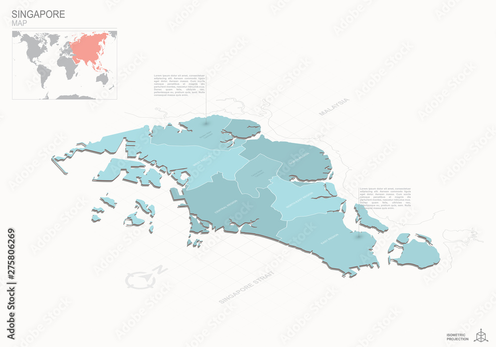 Singapore map with borders, administrative divisions and pointer marks. Vector isometric illustration