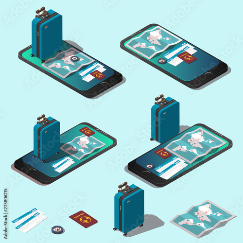 Vector isometric travel concept or online booking set. Illustration include mobile phone, traveler suitcase, pasport, tickets, world map and compass