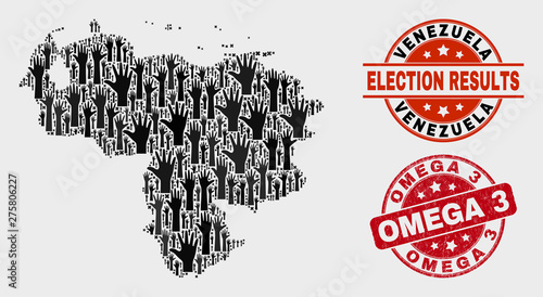 Patriotic Venezuela map and seal stamps. Red round Omega 3 textured stamp. Black Venezuela map mosaic of raised up selection hands. Vector collage for referendum results, with Omega 3 seal stamp.