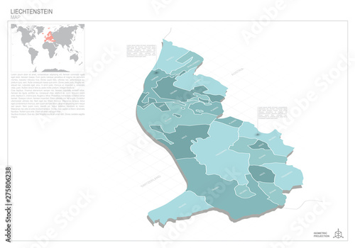 Liechtenstein map with borders, administrative divisions and pointer marks. Vector isometric illustration